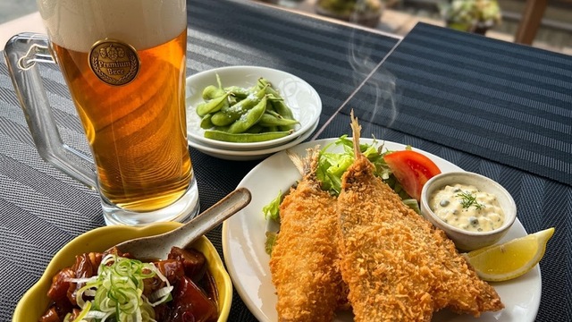 ちょい呑み(枝豆・鶏肝しぐれ煮・アジフライ)